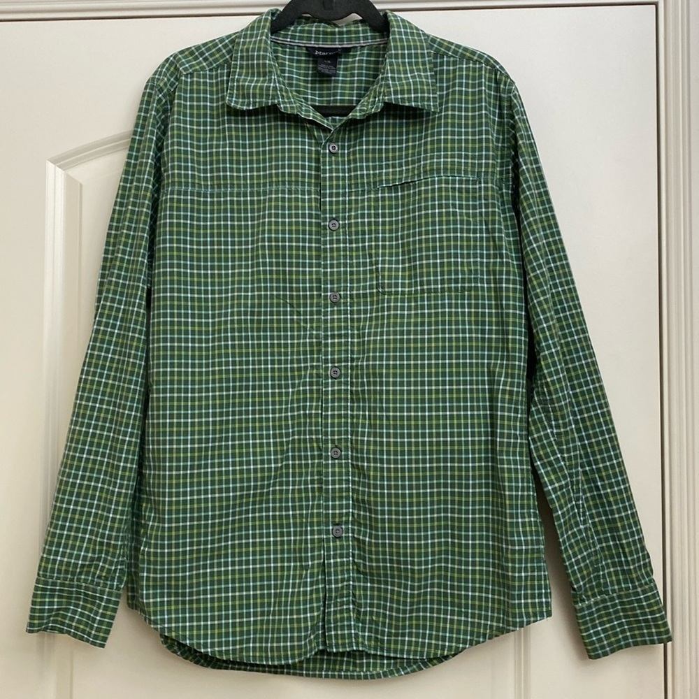 Marmot button down blouse Women’s L plaid green/white/yellow camping outdoors